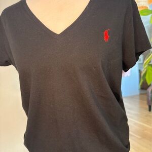 Polo by Ralph Lauren Women's Black V-Neck Tee with Red Signature Logo